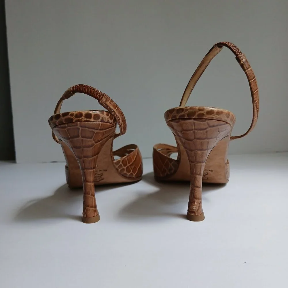 Brown Leather Reptile Print Cut Out PeepToe Sling-Back High Kitten heels Sz 8.5 - Picture 3 of 9